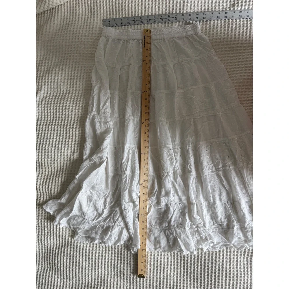 Sacred Threads White Rayon Tiered Maxi Skirt Sequin Embroidered Boho OSFM